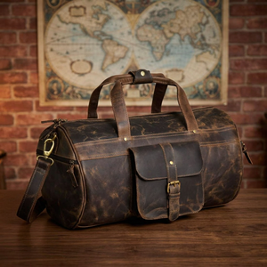 Sac de voyage léger à fermeture éclair en cuir de buffle véritable 100 % authentique, motif géométrique vintage, modèle B S International Super Selling - Product Image 1
