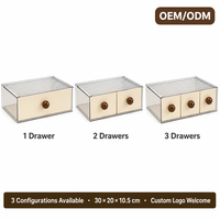 Organisateur de bureau à 2 tiroirs en PET HIPS transparent, boîte de rangement empilable à double section, dessus côtelé, poignée boule crème, boîte OEM
