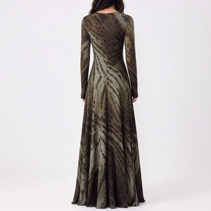 Custom Women Elegant V Neck <b>Long</b> Sleeve Chiffon Maxi <b>Dress</b> Natural Woven Abstract Print Ruched Flowy Evening Party <b>Dress</b> - Product Image 2