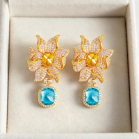 Anting-anting gantung zircon gaya floral biru kuningan 2026 untuk wanita, zircon kubik biru, perhiasan pernyataan mewah vintage, hadiah