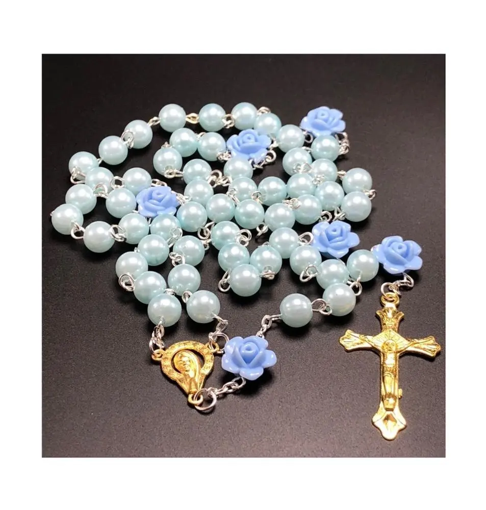 6mm blue glass pearl rosary bead rose flower connectors golden virgin mary center and jesus cross