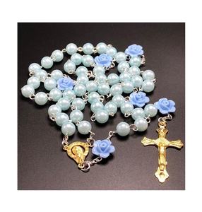 6mm bleu verre perle chapelet perle Rose fleur connecteurs doré vierge marie centre et jésus croix - Product Image 1