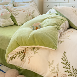 Parure de lit quatre pièces en molleton de lait, motif plantes et fleurs, housse de couette double face, literie chaude pour l'hiver - Product Image 3
