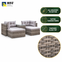 Canapé modulaire d'extérieur en 5 pièces, en osier gris, avec ottoman et table en verre