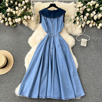 Robe longue décontractée pour femme, élégante, sans manches, en jean, coupe trapèze, avec grand col contrastant, boutons métalliques, taille haute, pour le quotidien
