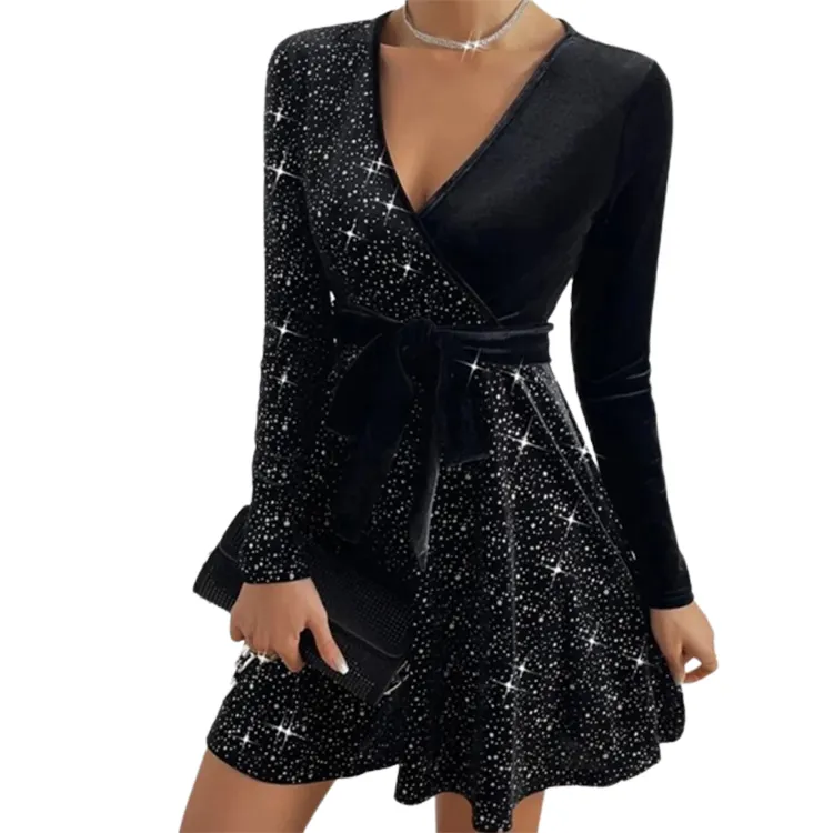 Hot Selling European and American Women Lady Autumn Winter New Solid Color Sexy Velvet Dress