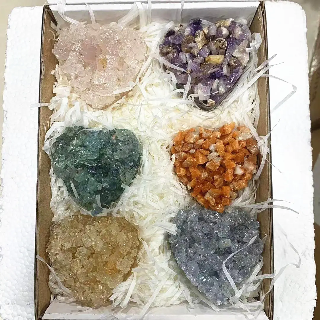 Atacado folk artesanato natural cristal de pedra cristal produção resina coração caixa de presente espiritual energia produtos