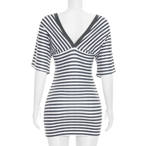 Vestido Viviblook C26DS256 para Mujer, Verano, Nuevo, Estampado a Rayas, Cuello en V, Espalda Descubierta, Manga Corta, Mini Vestido Ajustado - Product Image 3