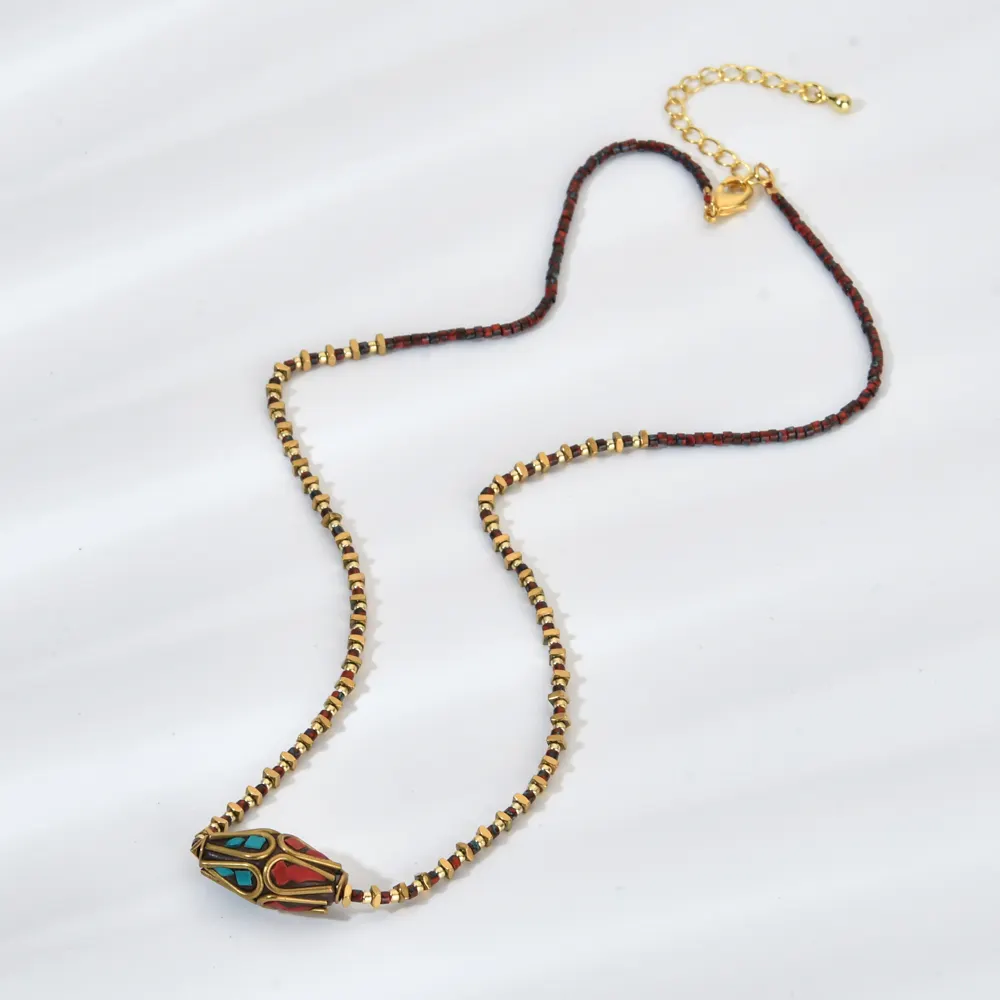 ZMZY Vintage Gold Color Handmade Necklace Nepal Buddhist Cloisonne Beads Pendant Necklace Ethnic Statement Women's Jewelry