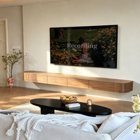 Rak TV Walnut Sederhana Desain Tanpa Gagang Tepi Lengkung Penyimpanan Tersembunyi Rumah Villa Lampu LED untuk TV 60-64 inci Ruang Tamu