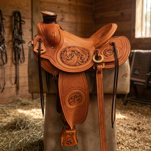 Accessoires équestres : Selle de course anglaise en cuir véritable 100% avec arceau en bois et quincaillerie nickelée, luxe, personnalisable pour chevaux - Product Image 1