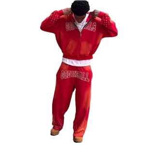 Red Rhinestone Graphic <b>Zip</b> <b>Up</b> <b>Hoodie</b> and Wide Leg Sweatpants Two Piece Tracksuit Set for Men Streetwear Custom Size and Color - Product Image 1