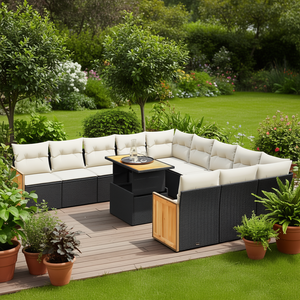Ensemble de canapés de jardin avec accoudoirs réglables, en rotin PE noir, 10 places, mobilier d'extérieur, design contemporain, structure en teck - Product Image 2