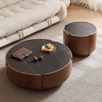 Mesa de centro de pétalos de mármol negro nórdico moderno de gama alta, sinterizada losa de piedra, juego de mesa central de madera de nogal redondo con cajón