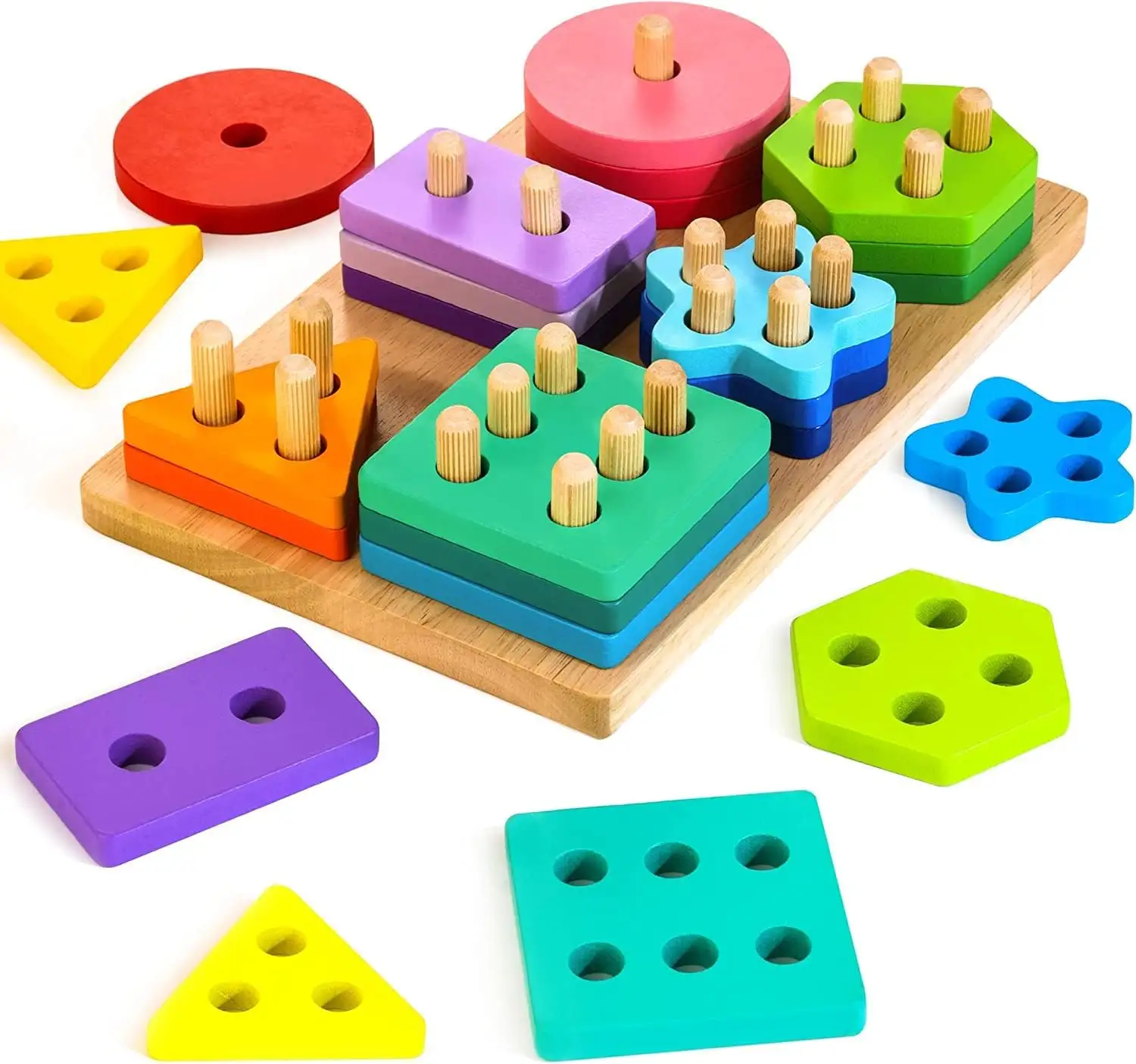 Grosir mainan Montessori kayu mainan Tacking penyortiran untuk balita mainan belajar dibuat sesuai pesanan bentuk kayu penyortir
