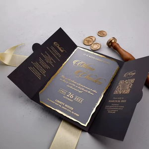 Porte-invitation de mariage de luxe noir, carte d'invitation à double pliage avec logo doré, suite d'invitations de mariage personnalisées imprimées - Product Image 3