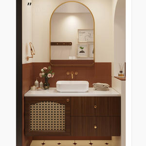 Meuble de douche et vasque intégrés en dalle de roche, gain de place, à fixation murale, avec porte de rangement style rotin - Product Image 1