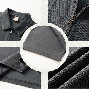 T-shirt unisexe en coton 100% respirant à manches courtes en maille gaufrée pour homme, couleur unie, base de t-shirt, tricot à demi-zip - Product Image 4