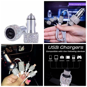 Roadstar Car Charger Accessories Set Rhinestone Dual USB Car Chargers 3 in 1 Nylon Braided Charging <strong>Cable</strong> Crystal Car Decoration - Product Image 4