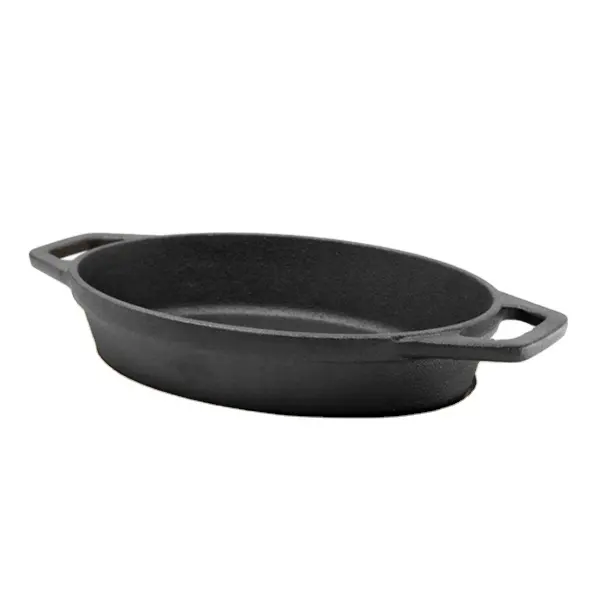 Pre-Seasoned Induction 15CM Oval Cast Iron Sizzler Serving Pan Beef Steak Frying Pan with Wooden Base