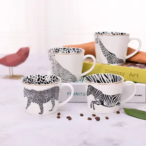 Cangkir Keramik Desain Hewan Nordic Mug Mewah Berbintik Macan Tutul Zebra Jerapah dengan Pinggiran Emas