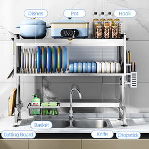 Nuevo organizador de cocina de acero inoxidable plateado de 100 cm para colocar sobre el fregadero, con tapas para platos. - Product Image 2