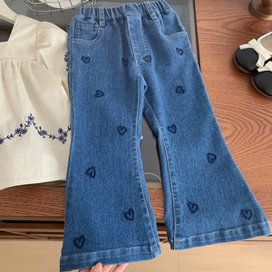 2025 primavera nuovo stile Casual coreano due pezzi Set da ragazza Mori camicia da bambola ricamata a maniche lunghe con cuore solido <span class=keywords><strong>pantaloni</strong></span> a zampa - Product Image 2