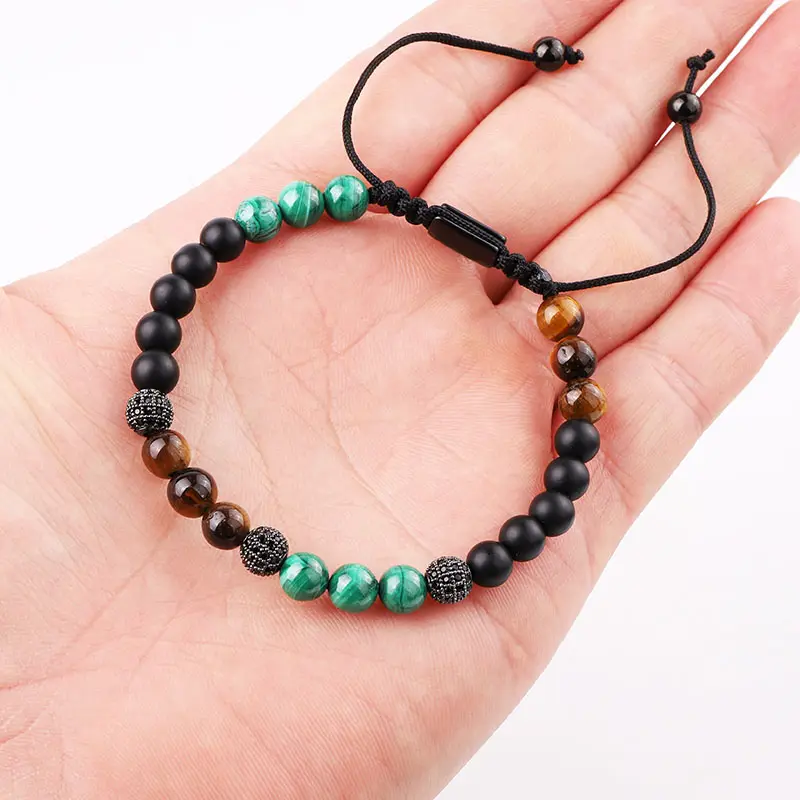 New Arrived Gemstone Natural Stone Tiger Eye Laser Logo CZ Pave Ball Beads Braided Adjustable Bracelet For Men