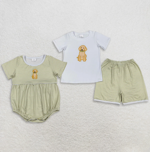 Ensembles de vêtements de chasse assortis pour bébés garçons frères, comprenant un haut brodé chiens et rayures, et des barboteuses de chasse - Product Image 6