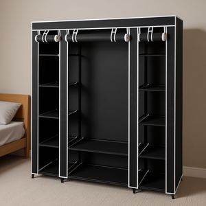 Armadio Portatile in Tessuto 17.7x59x69 Pollici Nero con Scomparti e Asta Appendiabiti per la Conservazione dei Vestiti - Product Image 2