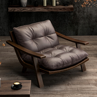 Fauteuil simple moderne rétro, chaise de loisirs vintage en bois massif avec cuir véritable, chaise de lecture et de repos design