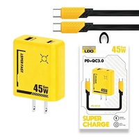 Chargeur super rapide 45W pour téléphone portable, chargeur USB-C de voyage avec câble USB-C, charge rapide 45W, adaptateur secteur USB Type C PD