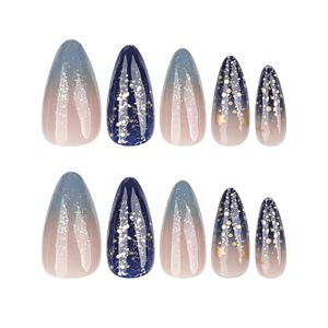 Faux Ongles en Gel 2026 Style Ciel Étoilé, Longs Amande à Coller, Base Nude <span class=keywords><strong>Bleu</strong></span> <span class=keywords><strong>Marine</strong></span> avec Paillettes Étoiles Dorées, Faux Ongles Acryliques - Product Image 2