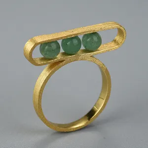 Custom Natural gemstone Gold Plated Aventurine 925 sterling Silver Rings For women Fine Jewelry