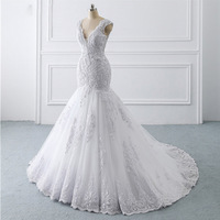 Grande taille robe de mariée sirène dos nu 2021 femmes perle col en V blanc dentelle robe de mariée
