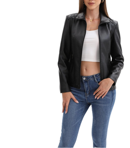 Veste en cuir noire slim fit pour femme, fermeture éclair, style décontracté, veste de motard, confortable, matière durable, veste en cuir pour femme - Product Image 1