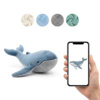 Peluche baleine bleue bicolore personnalisée, corps épuré, ailerons abdominaux cousus, queue courbée, motif marin doux, jouet mascotte personnalisé