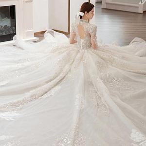 فستان زفاف فاخر للعرائس ثوب رئيسي رقبة حرف V أكمام طويلة ثوب كرة مقاس كبير صغير للنساء الحوامل البدينات - Product Image 4