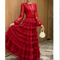 Robe longue trapèze rouge unie en dentelle pour femme, col rond, manches longues, taille haute, jupe à volants superposés en tulle fluide, pour soirée d'automne ou mariage