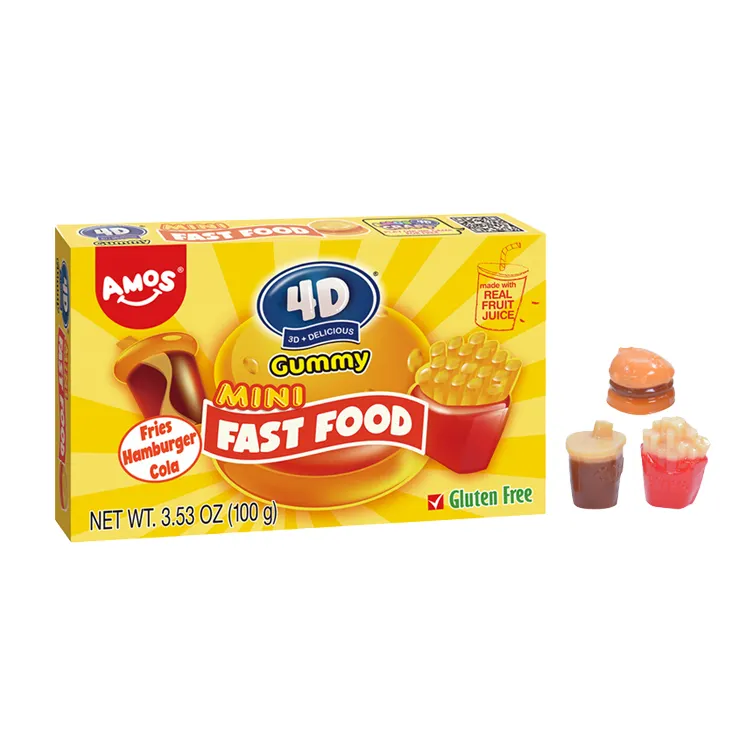 Sıcak satış çocuklar aşk yumuşak oyuncak tatlılar şekerler Amos 4D kutu ambalaj 100G Fastfood şekli sakızlı şeker gerçek suyu lezzet ile
