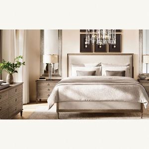 Muebles de Dormitorio, Cama Doble de Madera Maciza Vintage, Estructura de Cama con Panel de Tela para Casa u Hotel - Product Image 6