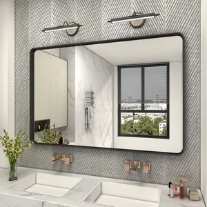 Wholesale Price Secure And Easy Hanging Matte Black Aluminum Frame Rectangle Round Corner Bathroom Vanity Mirror