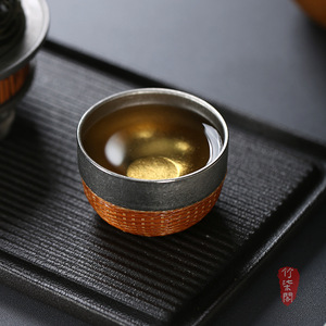 Bamboo Woven Pure Titanium <b>Teacup</b> Mini Tasting Cup Heat Resistant Travel Tea Set Oriental Design - Product Image 2