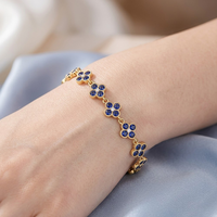 Gelang Tenis Bunga Empat Kelopak Berkilau Zirkon Biru Lapis Emas PVD Baja Tahan Karat, Produk Laris Lintas Negara untuk Wanita