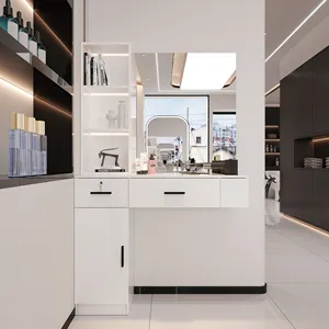 Fancy beauty salon store kiosk design wood paint white work stand barber stations furniture for hair shop