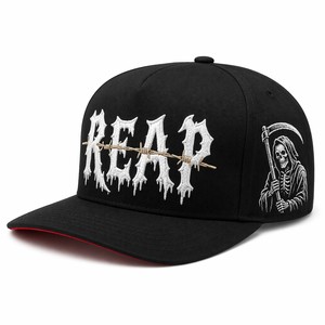 Casquette Snapback Personnalisée Grim Reaper Broderie 3D Noire à Visière Plate et Bord Inférieur Rouge, Casquette OEM Gothique Scythe Streetwear - Product Image 1