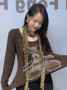 เสื้อเชิ้ตแขนยาวคอกลมสำหรับผู้หญิงสำหรับฤดูหนาว ดีไซน์แบบผ้าพันคอ ประดับด้วยคริสตัลคุณภาพสูง ผ้าฝ้ายริบบิ้น ทรงเข้ารูป - Product Image 3