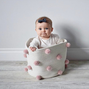 Paniers en corde de coton blanc pour rangement avec <span class=keywords><strong>pompon</strong></span> décoration salle de bains petits paniers tissés pour organiser <span class=keywords><strong>panier</strong></span> décoratif en tissu - Product Image 2