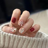 Nouvel An, Noël, style français, faux ongles carrés courts, faits main, épais, pour les fêtes, ongles de couleur porte-bonheur