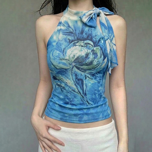 Débardeur élégant pour femme à col montant et dos noué, imprimé floral abstrait bleu style aquarelle, idéal pour les vacances - Product Image 1
